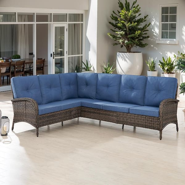 Brown Wicker Outdoor Sectional Sofa, 6-Seater L-Shaped Patio Couch with Navy Blue Cushions, Rattan Conversation Set