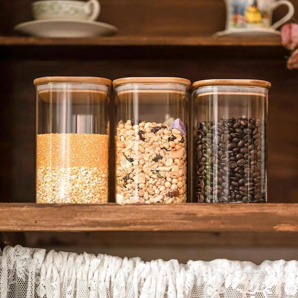 6-Piece Glass Food Storage Jars Set with Airtight Bamboo Lid Square Clear Canisters for Kitchen Pantry Organization