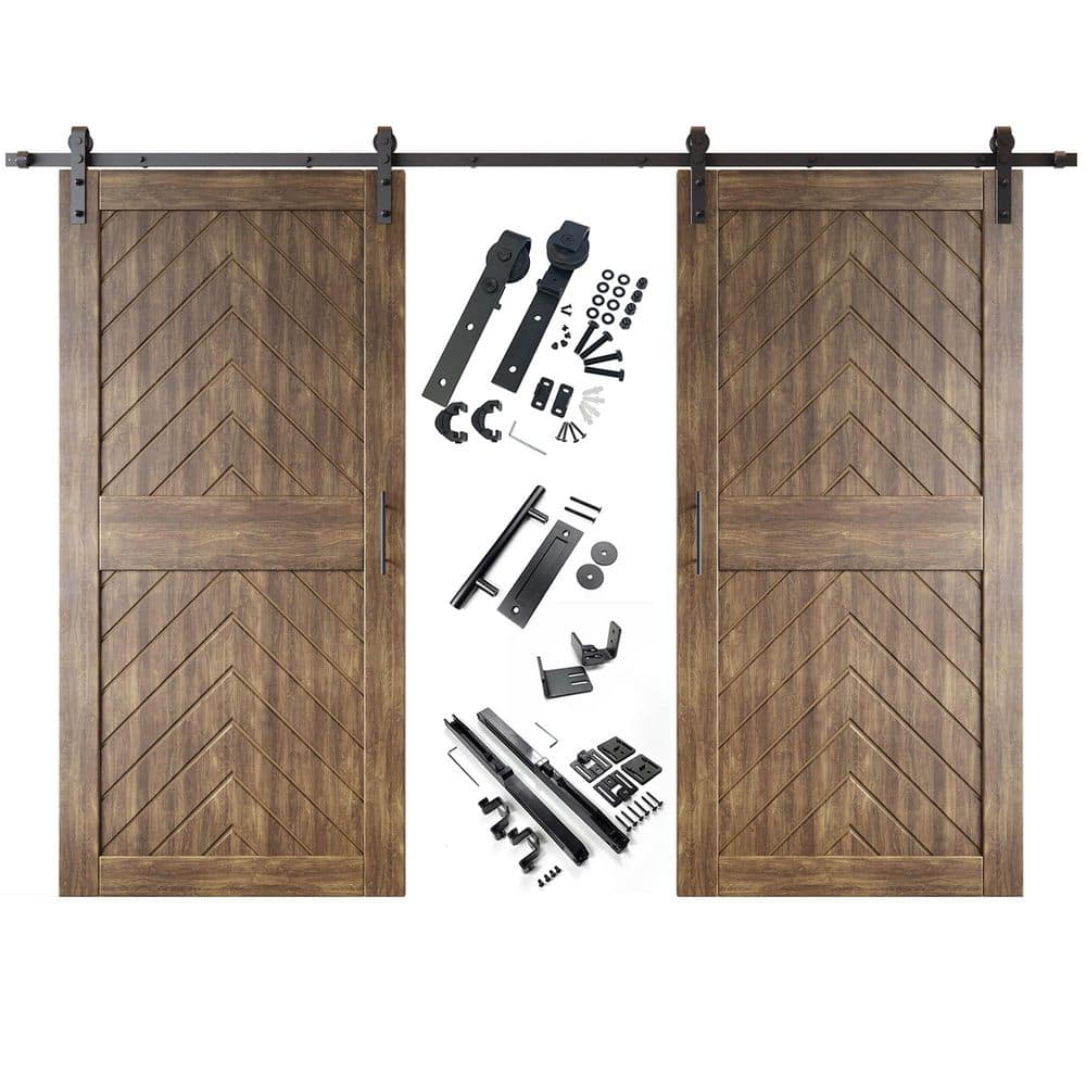 JT1 36 in. x 84 in. C-Panel Dark Walnut Fishbone Design Double Pine Wood Sliding Barn Door with Hardware Kit price history on PriceWatchPro