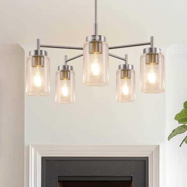 5-Light Pendant Light Perfect for Kitchen or Bedroom in Brushed Nickel with Clear Glass Shades