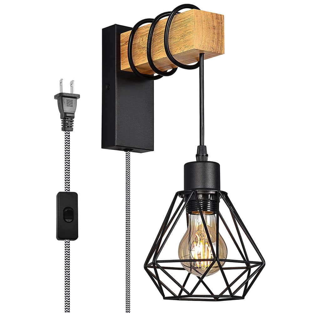Industrial 5.9 in. Black 1-Light Plug in Wood Base Cage Wall Lamp, Rustic Adjustable Height Wall Sconces E26 Base price history on PriceWatchPro