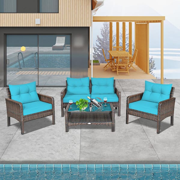 ANGELES HOME 4-Piece Rattan Wicker Patio Conversation Set with Turquoise Cushions and Coffee Table Tempered Glass Top