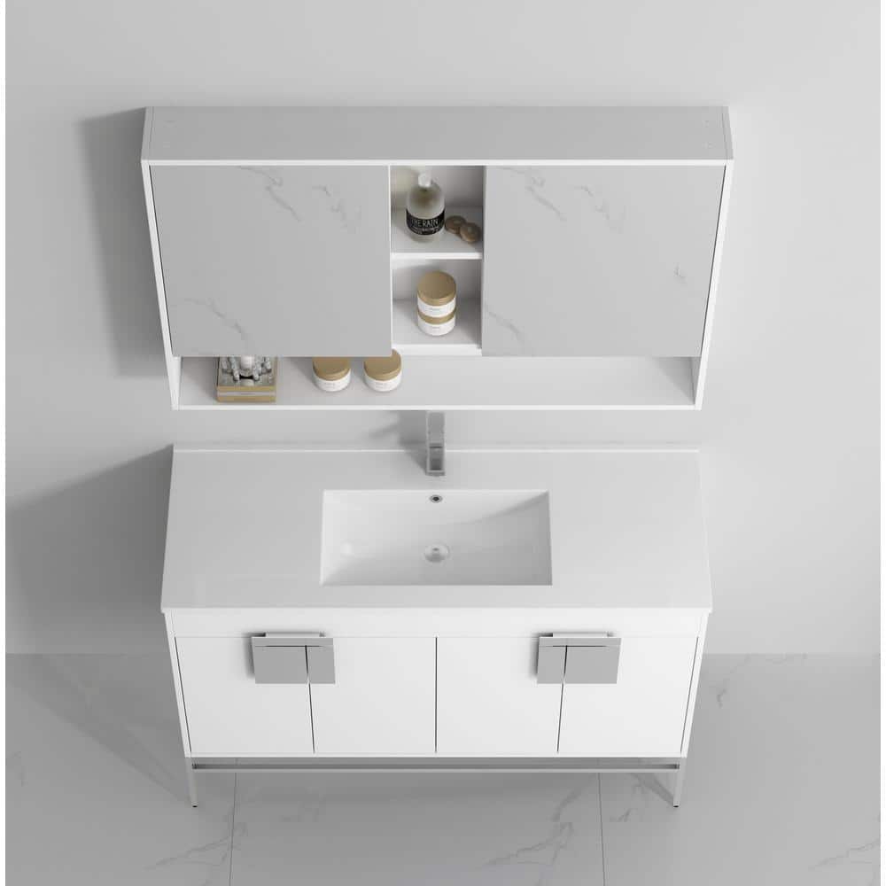 47" White Minimalistic Single Sink Bathroom Vanity with Ceramic Top