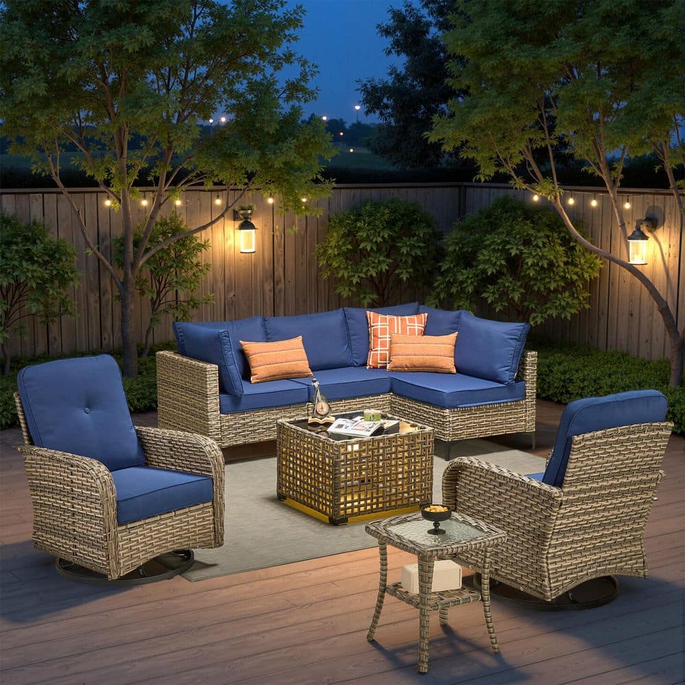 Chroma 8 Pieces Pieces Wicker Outdoor Patio and Swivel Rocking Chairs with Navy Blue Cushions price history on PriceWatchPro