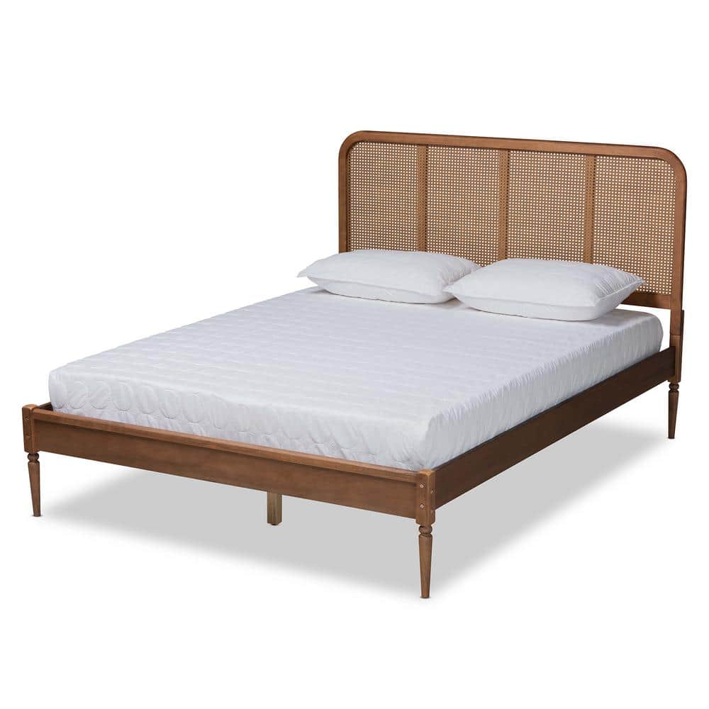 Queen Ash Walnut Wood Frame Platform Bed with Rattan Headboard
