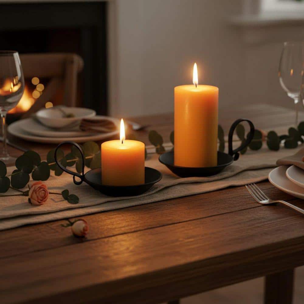 Matte Black Iron Pillar Candle Holders 2-Pack, with Handle, Simple