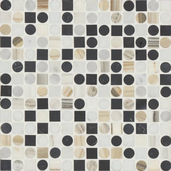 Modni Eastern White / Nero Marquina / Calacatta Zebrino 1x1 in. Geometric Honed Marble Mosaic Tile (10.1 sq. ft. /Case)