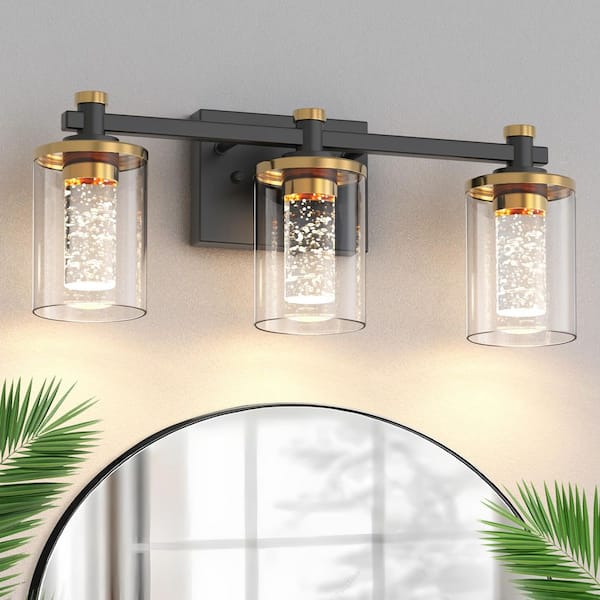 17 in. 3-Light Black and Gold LED Vanity Light, Crystal Glass Shades, 3CCT Modern Bathroom Wall Fixture for Mirror