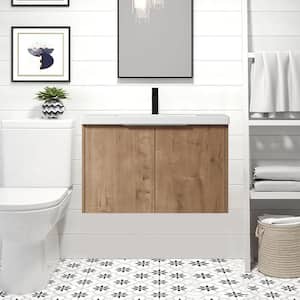 30 in. W x 18 in. D x 19 in. H Float Wall Mount Bath Vanity in Imitative Oak with White Resin Basin Top,Soft Close Doors