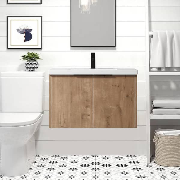 ANGELES HOME 30 in. W x 18 in. D x 19 in. H Float Wall Mount Bath Vanity in Imitative Oak with White Resin Basin Top,Soft Close Doors