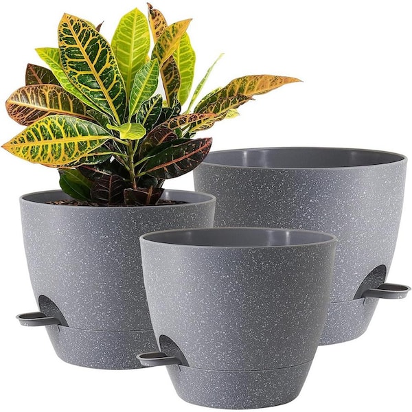 ITOPFOX Garden 10 in. L x 10 in. W x 7.3 in. H Grey Speckles Plastic Round Indoor Planter (3-Pack)