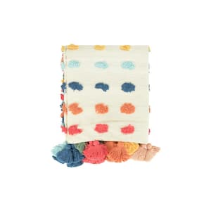 Multicolor Soft Woven Cotton Throw Blanket with Tufted Dots and Tassels