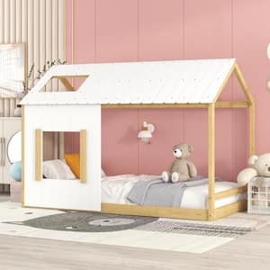 White and Natural Twin Size Wooden House bed with Roof and Windows