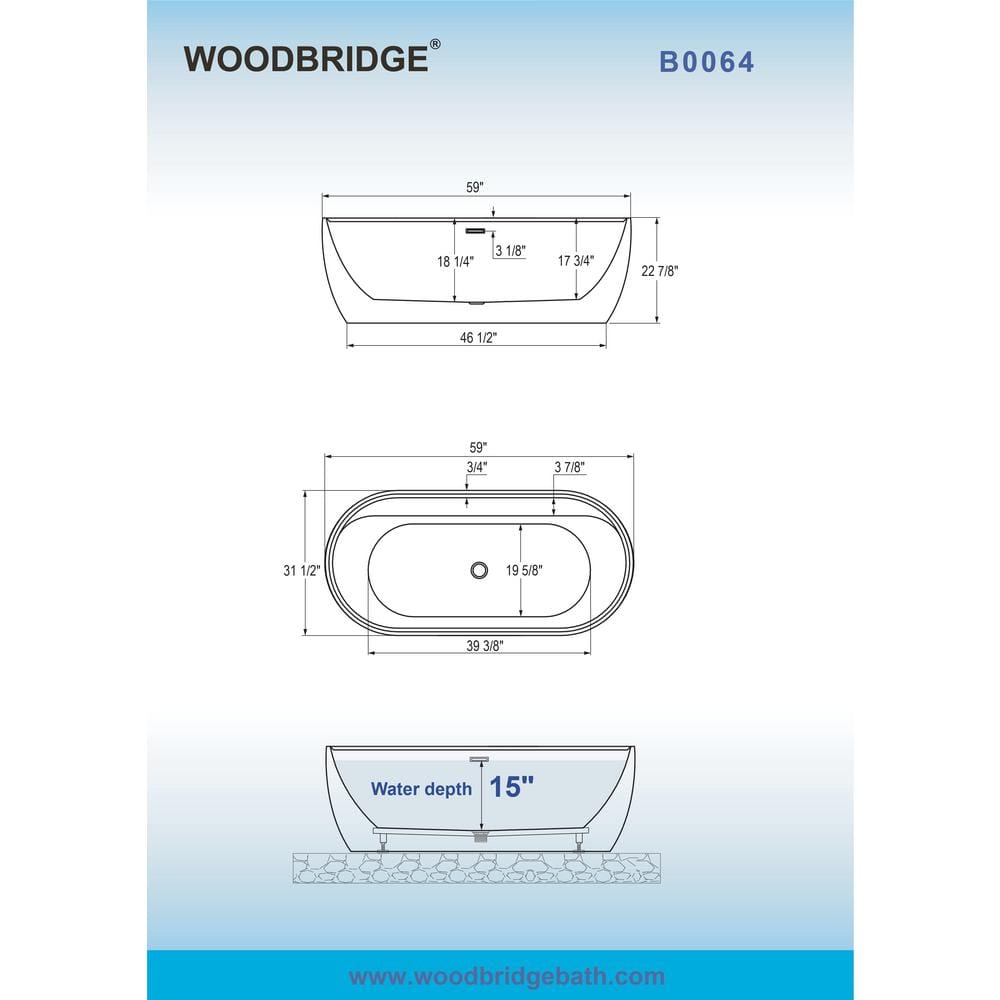 59'' White Freestanding Oval Acrylic Soaking Bathtub