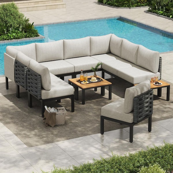 12-Piece Black Metal Outdoor Patio Conversation Set with 6 in. Thick Gray Cushions, U-Shaped Sectional Modular Couch