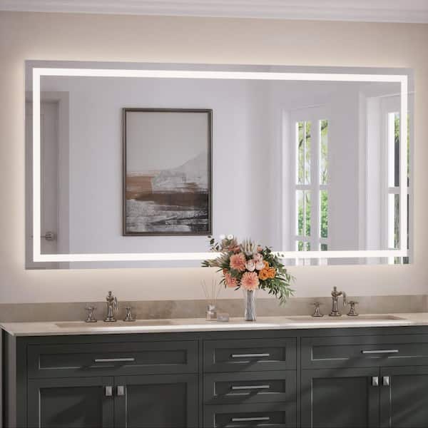 72 in. W x 36 in. H Rectangular Frameless with Frontlit & Backlit Anti-Fog LED Mirro Wall Mount Bathroom Vanity Mirror