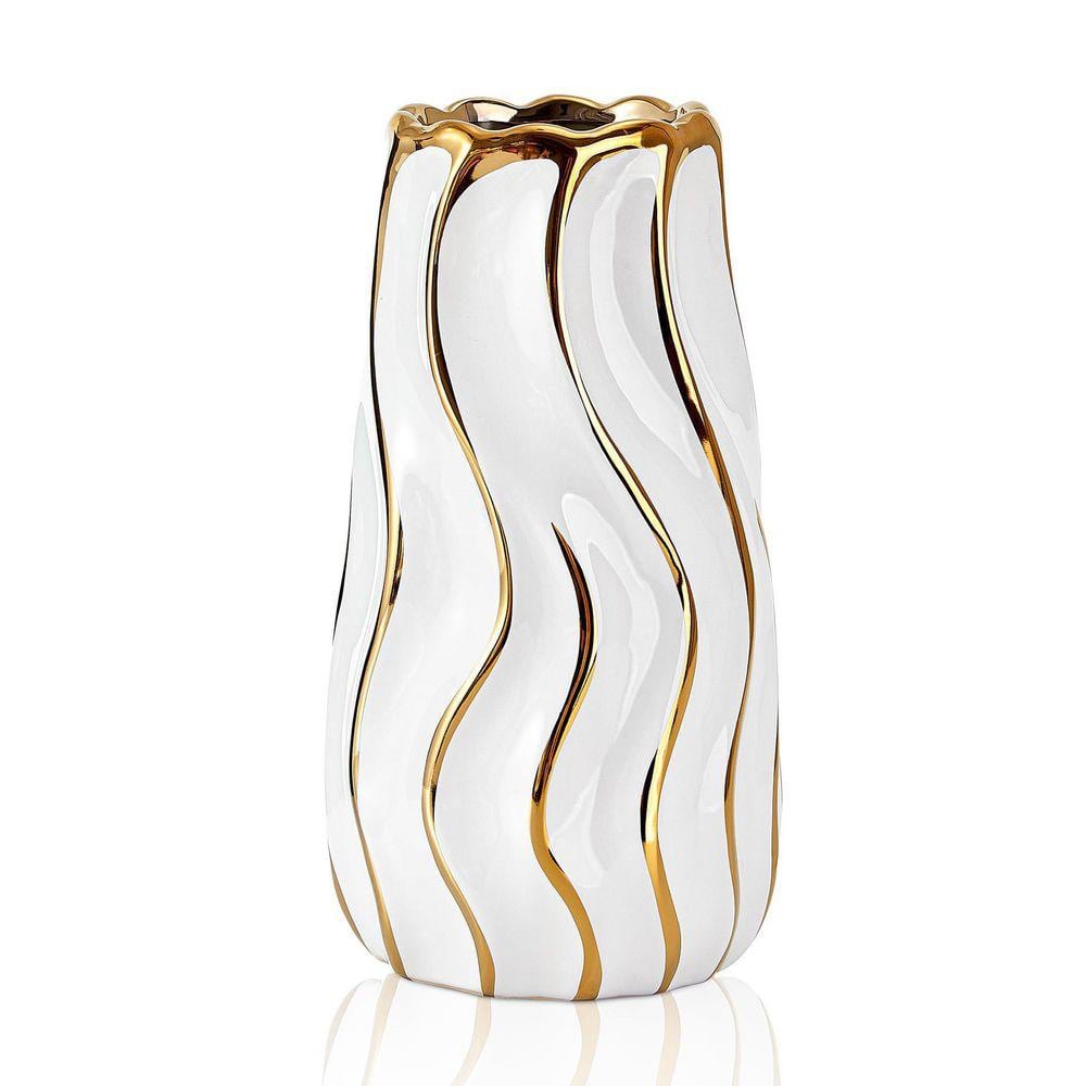 9 in. Vertical Stripe White Ceramic Cylinder Bottle Decorative