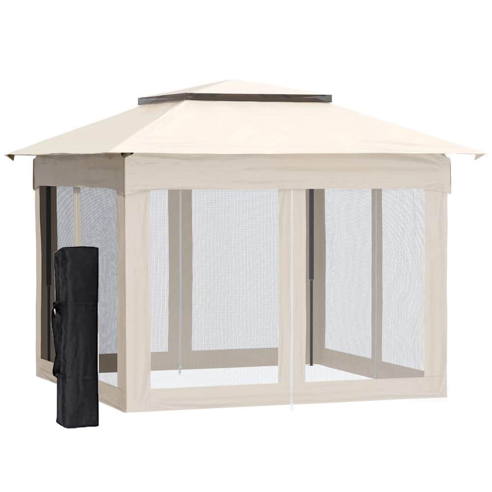 11 ft. x 11 ft. Beige Outdoor Pop-Up Gazebo Shelter with Removable Zipper N