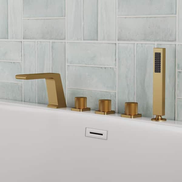 3-Handle Minimalist Roman Tub Faucet with Hand Shower in Brushed Gold