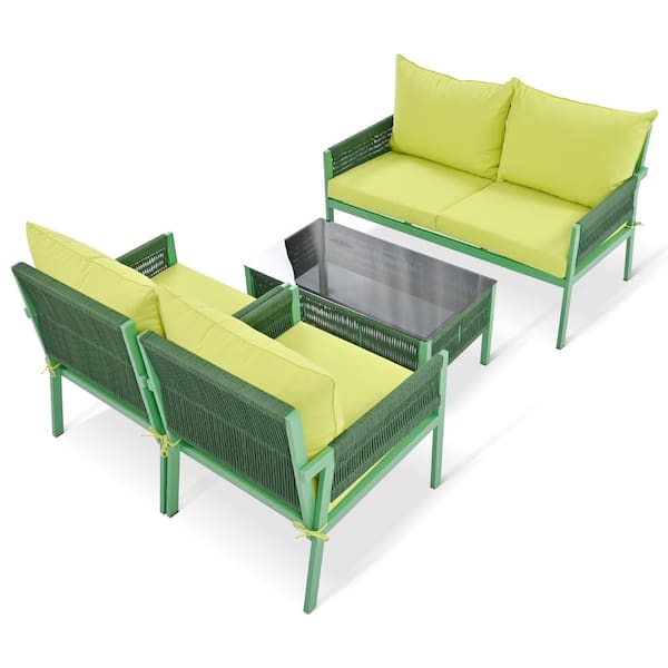 Unbranded 4-Piece Green Woven Rope Patio Conversation Set with Fluorescent Yellow Cushion, Table Glass Top