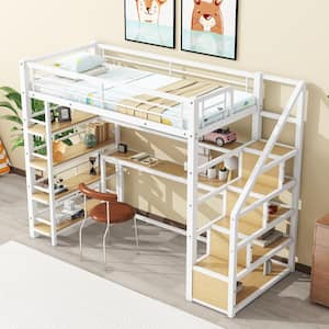 White Metal Frame Twin Size Loft Bed with Shelves, Built- in Wood Desk, Storage Staircase