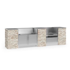 Outdoor Kitchen Signature Series SS 125.16 in. L x 25.5 in. D x 37 in. H 9-Piece Cabinet Set in Ivory Travertine Stone