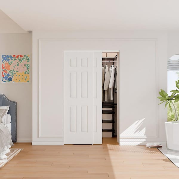 48 in. x 80 in. White 6-Panel MDF Sliding Door Panels with Handle, Hardware Track Kit and Floor Guide, Finished Doors