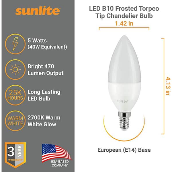 Sunlite 40-Watt Equivalent B10 Dimmable European Base Frosted Torpedo Tip Chandelier LED Bulb in Warm White, 2700K (3-Pack) - The Depot