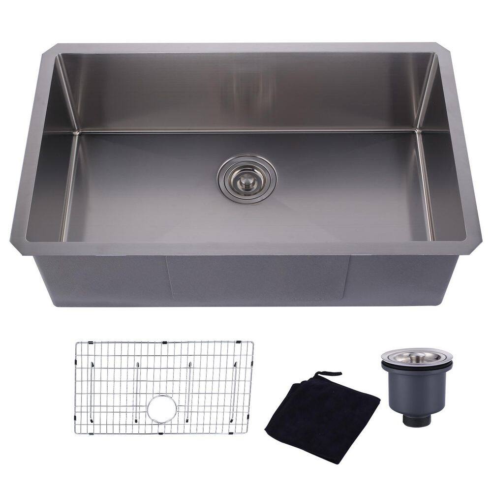 32"x19"x10" Drop in Single Bowl 16 Gauge Nickel Stainless Steel Kitchen Sink with Bottom Grids and Basket Strainer