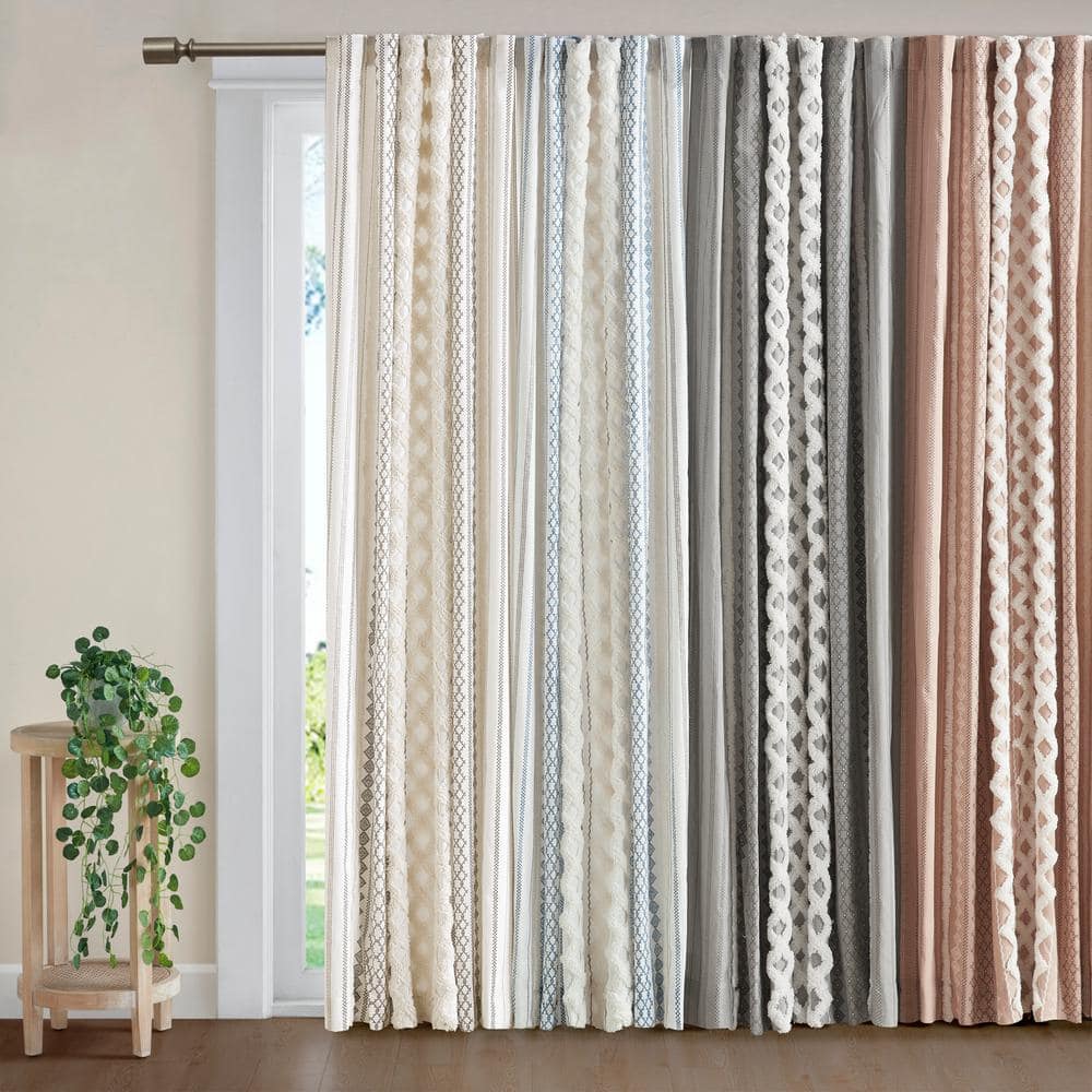 Ivory and Navy Cotton Chenille Stripe Light-Filtering Curtain Panel