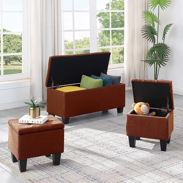 CSC DECOR INC 3-Pcs Brown Fabric Large Storage Ottoman Bench Set, Line Bedroom End of Bed Storage Bench with 2-Ottoman Footrest