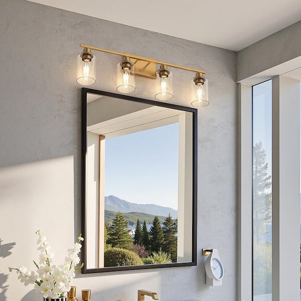 31.5 in. 4 Light Antique Brass Vanity Light with Clear Glass Cylinder Shade