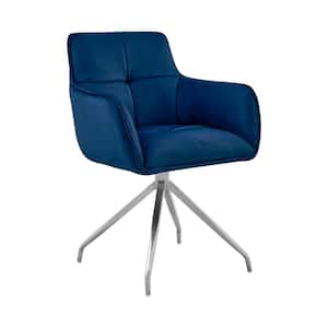 Noah Dining Room Accent Chair in Blue Velvet and Brushed Stainless Steel