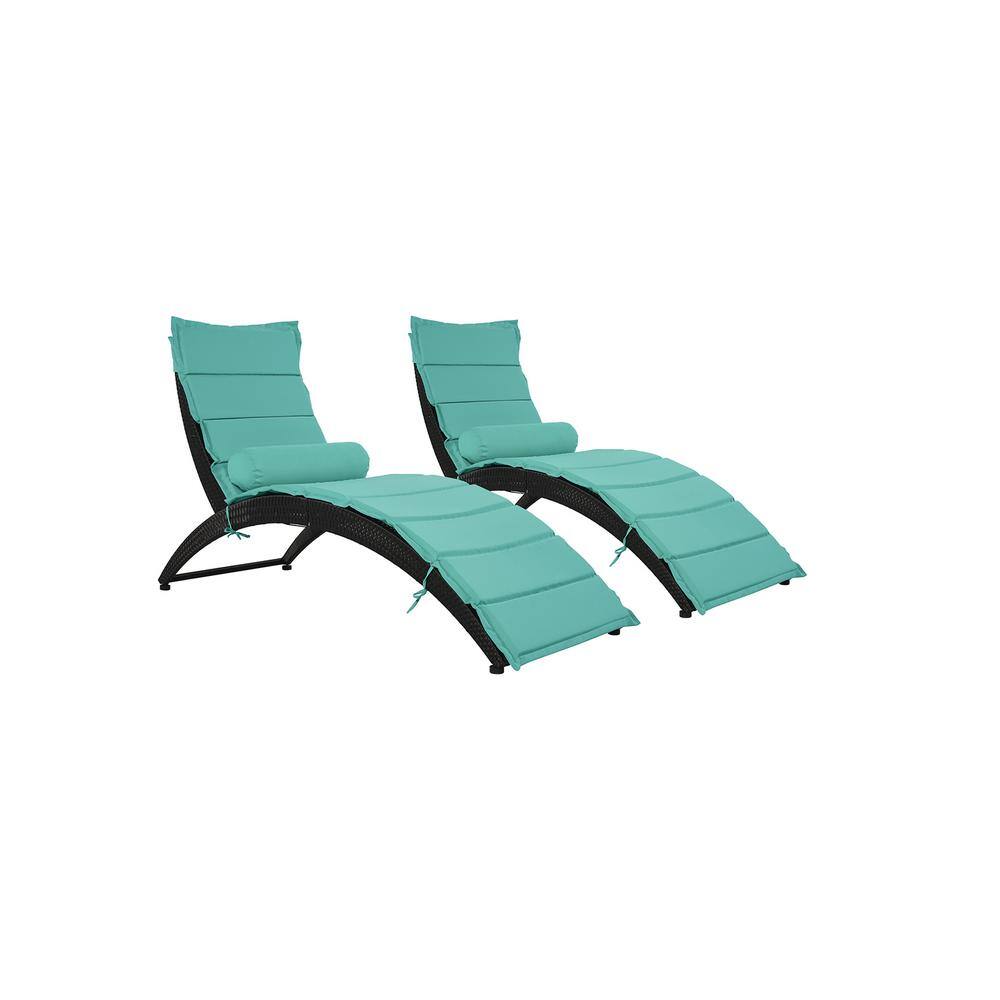2-Piece Wicker Outdoor Foldable Chaise Lounge with Teal Cushion and Bolster