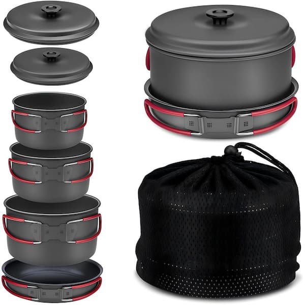 Camping Series 7-Piece Aluminum Nonstick Cookware Set in Grey - Lightweight Portable Outdoor Pots and Pans Mess Kit