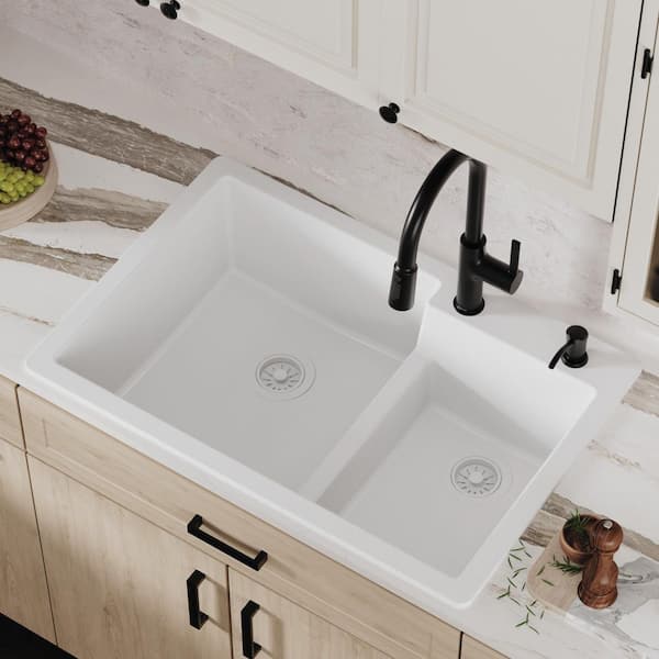 QT-811 Quartz 33 in. 60/40 Double Bowl Drop-In Kitchen Sink in White
