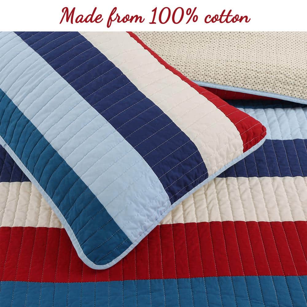 Navy and Red Striped Cotton Reversible Queen Quilt Set