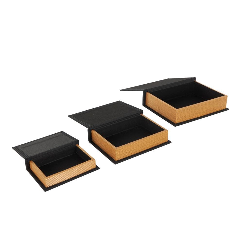 Coal Black Faux Leather and Wood Book Shaped Decorative Box Set