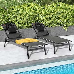 2-Pieces Metal Outdoor Patio Sunbathing Lounge Chair with Face Hole and Detachable Head Pillows Poolside