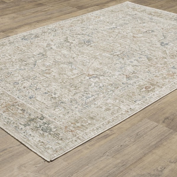 Ansley Beige/Blue 10 ft. x 13 ft. Oriental Distressed Medallion Polyester Fringe-Edge Indoor Area Rug