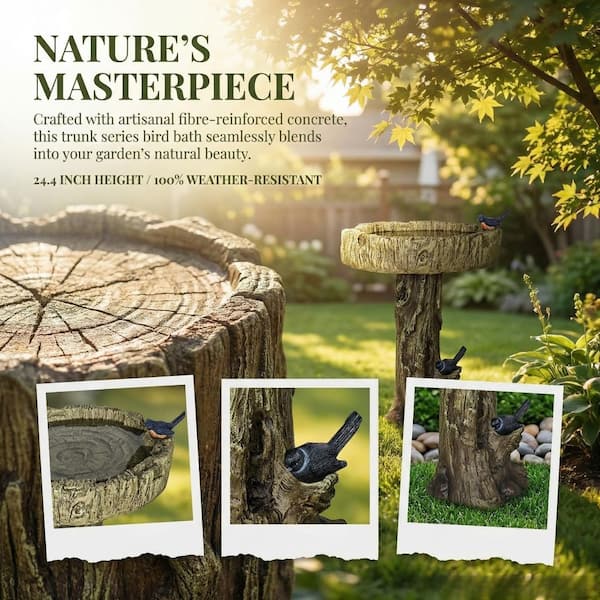 Trunk Series 24.4 in. H Brown Fibre-Reinforced Concrete Bird Bath with Tree Trunk Base, Outdoor Decor
