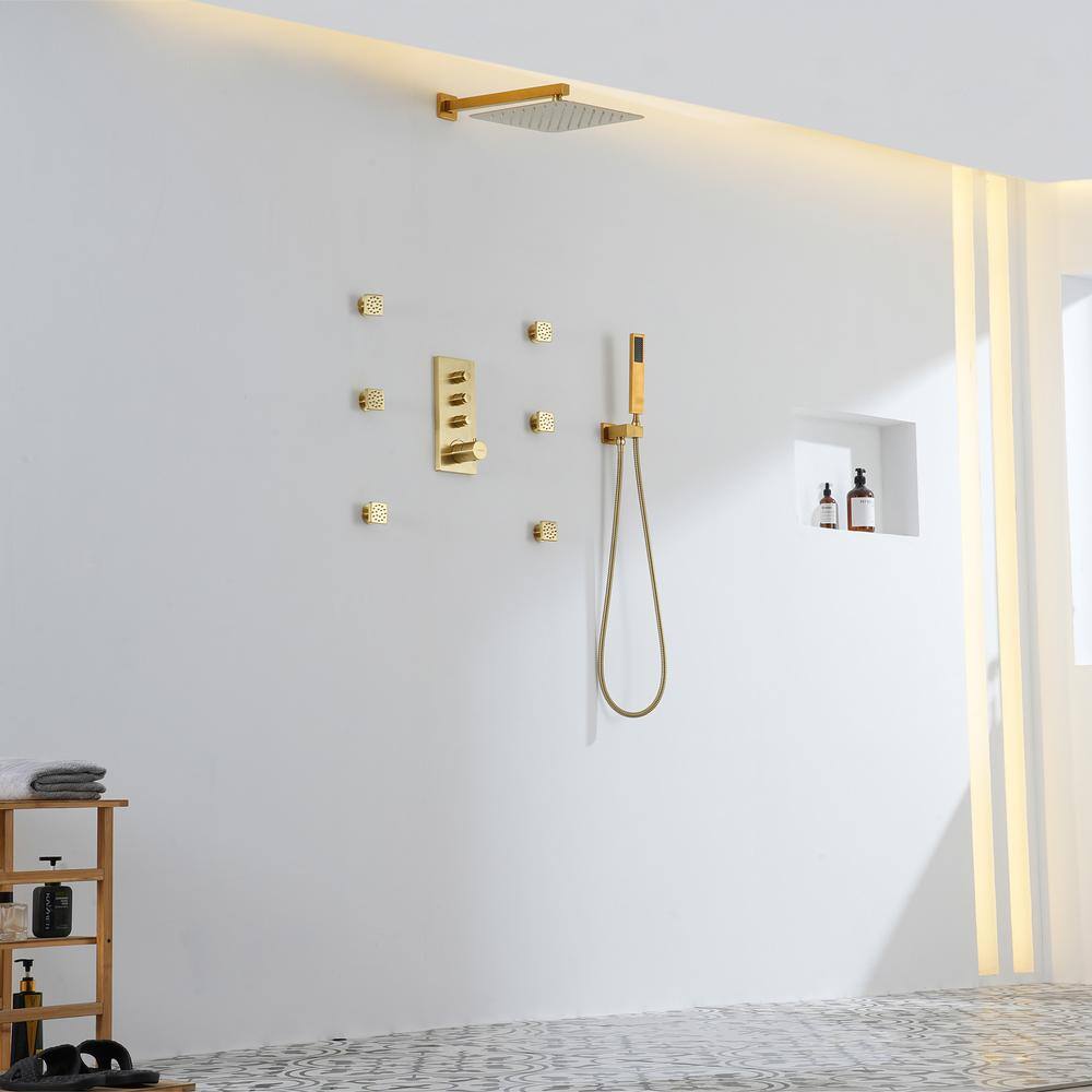 Brushed Gold Dual Square Wall Mount Shower System with Handheld