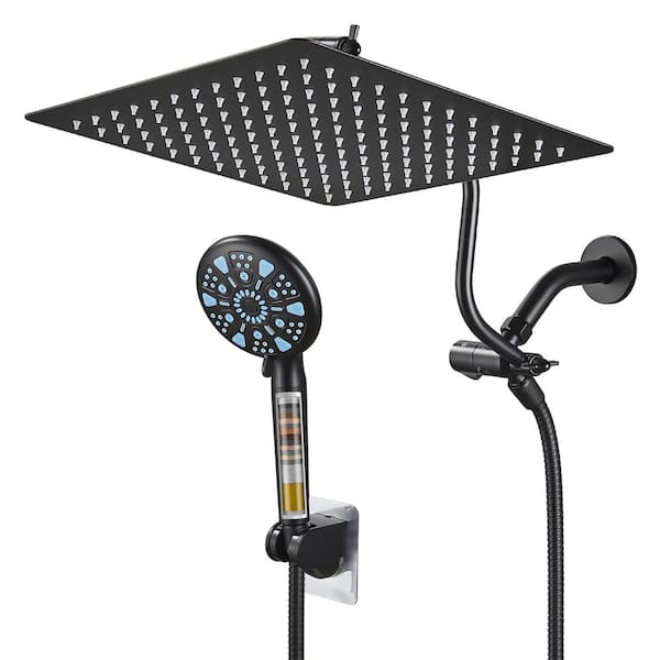 Rain full 9-spray Wall mounted 12 in. Dual Shower Head, Handheld Shower Head Filtration 2.5 GPM Shower Faucet in Black