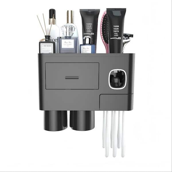 2 Cups Wall Mounted Toothbrush Holder with Toothpaste Dispenser for Bathroom, Large Capacity Tray, Black