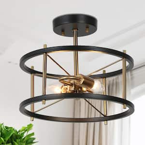 12 in. 2-Light Black Modern Semi-Flush Mount, Brass-Plated Ceiling Light, Farmhouse Open Cage Light Fixture