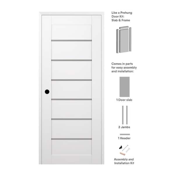 Alba 28 in. x 84 in. Right Hand 7 Lite Frosted Glass Snow White Composite Wood Single Prehung Interior Door