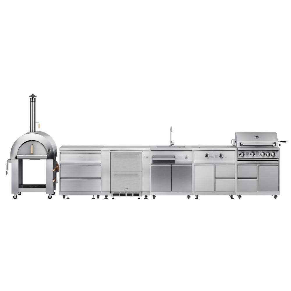 Kitchen with Wood-Fueled Pizza Oven, 3-Drawer Cabinet, Refrigerator, Sink, Burner, and 30 in. Liquid Propane Grill in SS
