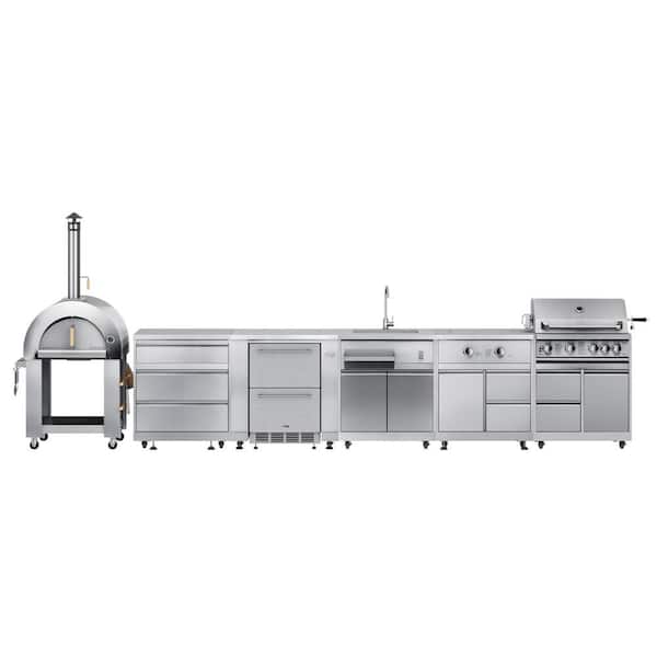 Kitchen with Wood-Fueled Pizza Oven, 3-Drawer Cabinet, Refrigerator, Sink, Burner, and 30 in. Liquid Propane Grill in SS