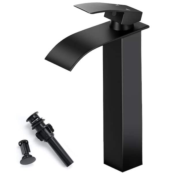 Single Handle Waterfll Spout Single Hole Tall Bathroom Sink Faucet with Drain in Matte Black