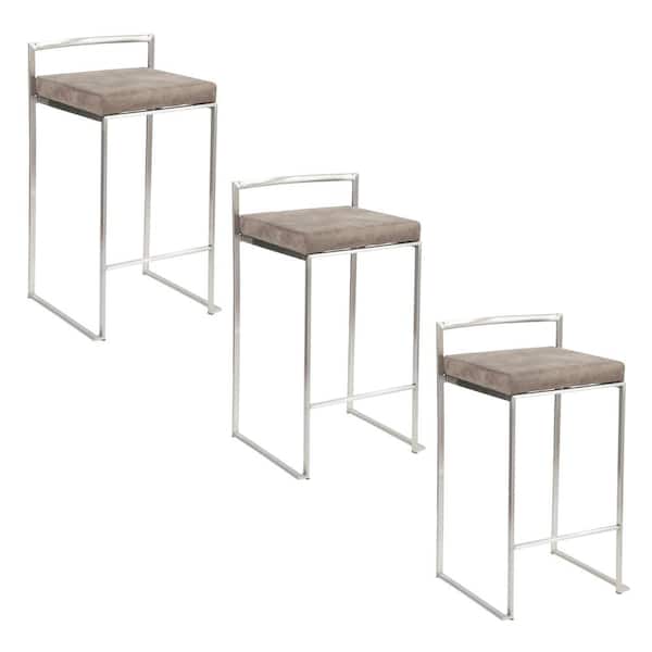 Lumisource Fuji 27.75 in. Stone Cowboy Fabric and Stainless Steel Metal Stackable Counter Stool (Set of 3)